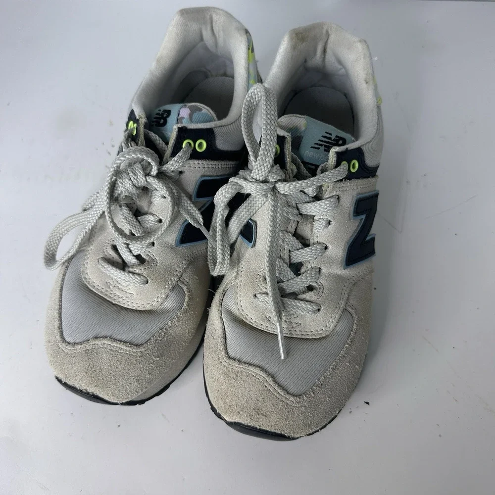 New Balance Womens 574 Running Shoes Rain Cloud Blue Camo Suede Sneaker Size 7.5